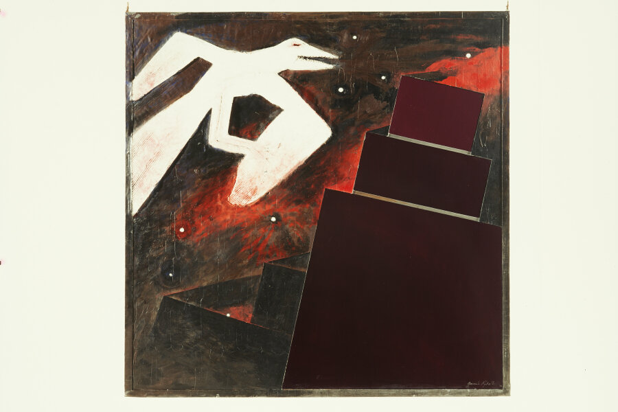 Jaromír Rybák, Návrat Fénixe, 1990, komb. technicka, 103 x 103 cm